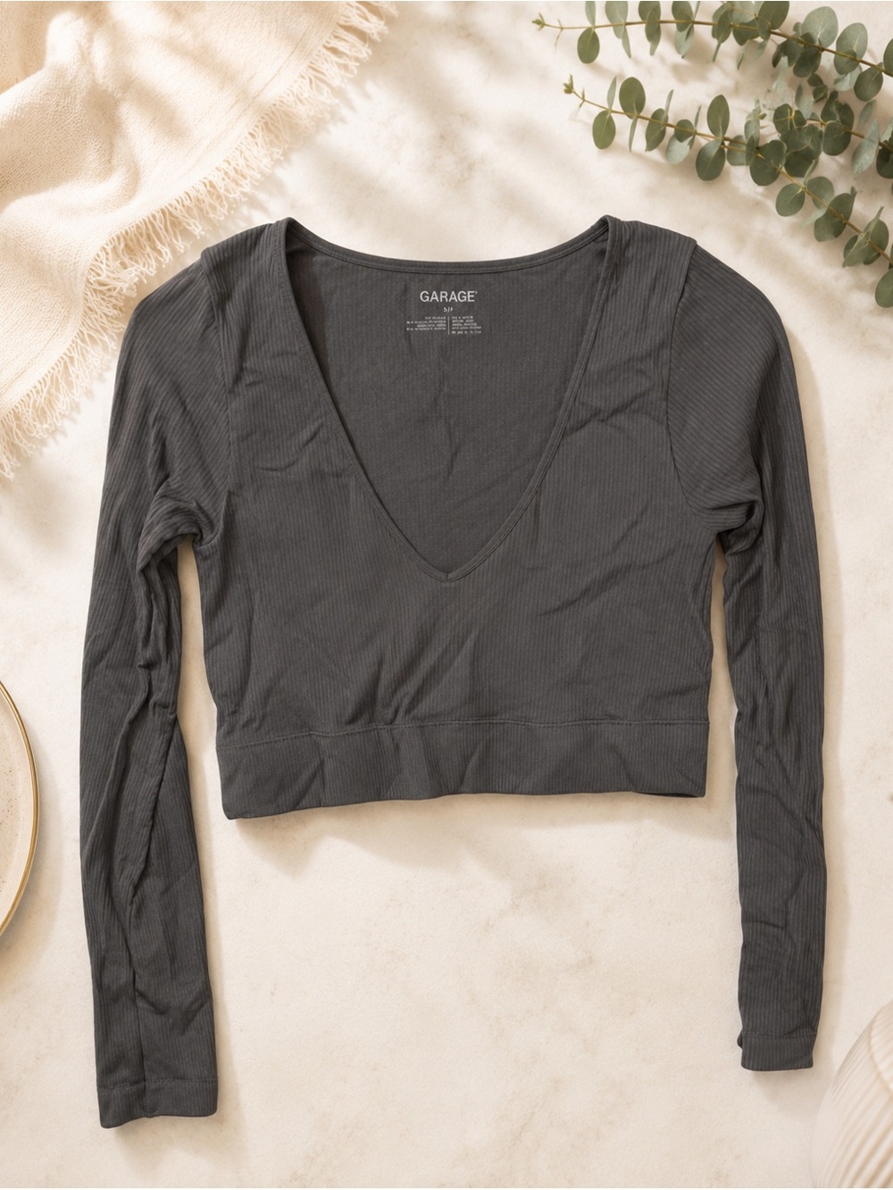 Garage Sonia V Neck Ribbed Grey Long sleeve Shirt Top  Plunge Serene Seamless